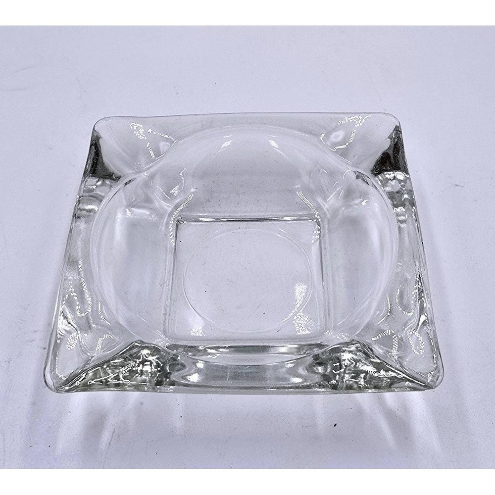Vintage 70's Heavy Duty Clear Glass Square 4 Slot Cigar Cigarette Ashtray